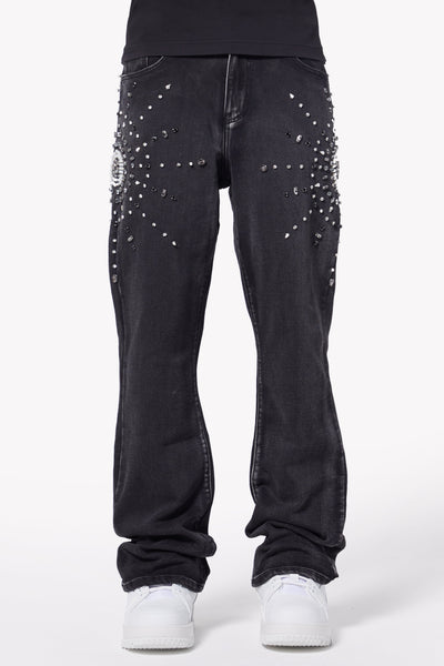 Iron Grey Embellished Flared Denim