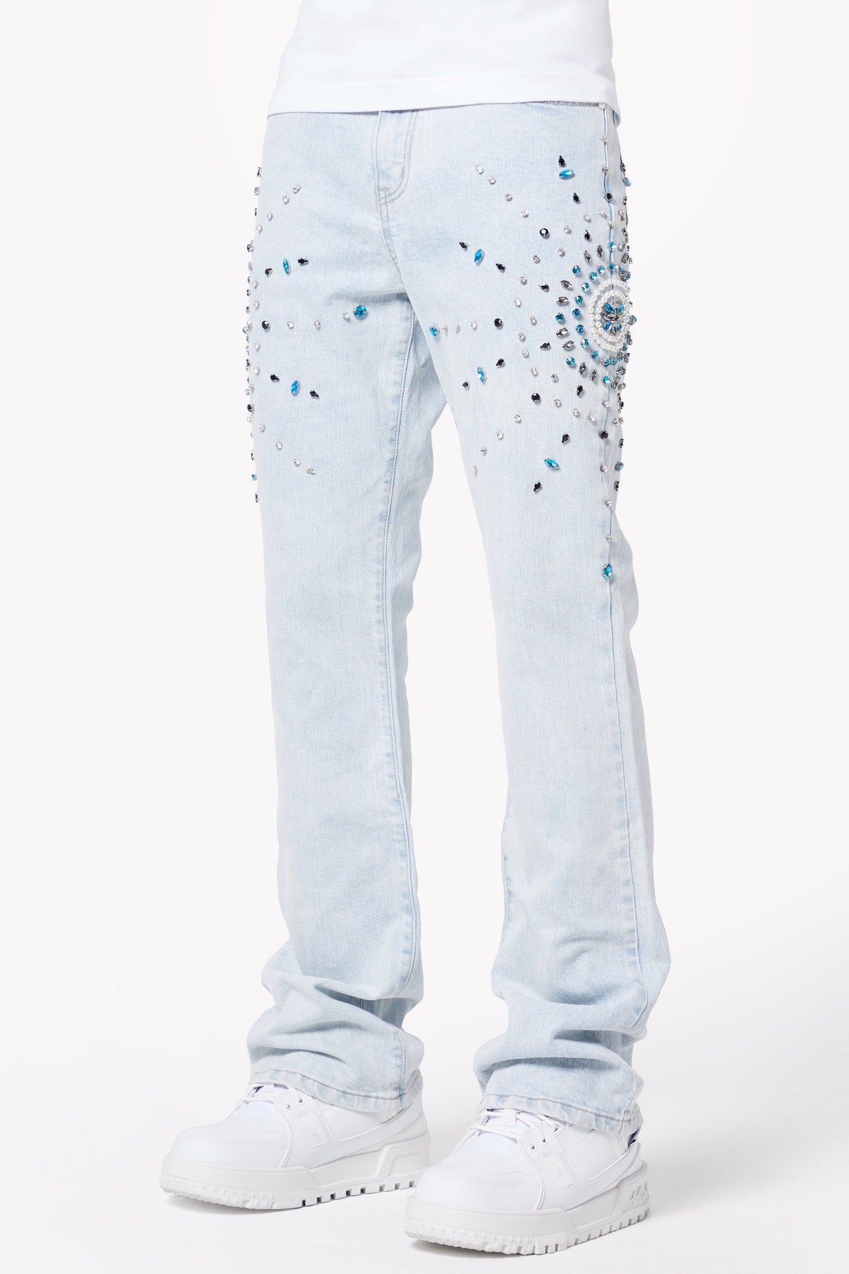 Aqua Blue Embellished Flared Denim