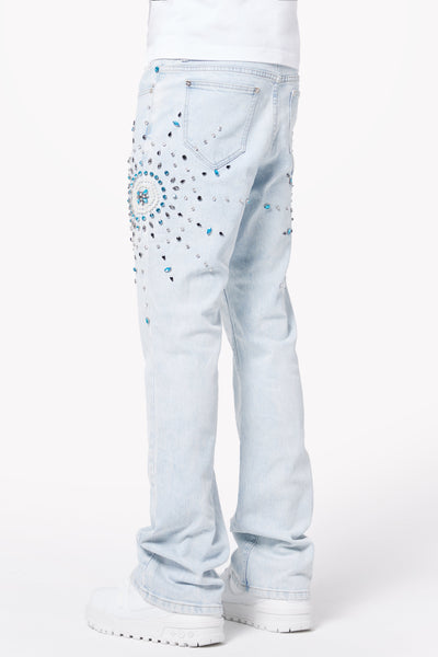 Aqua Blue Embellished Flared Denim