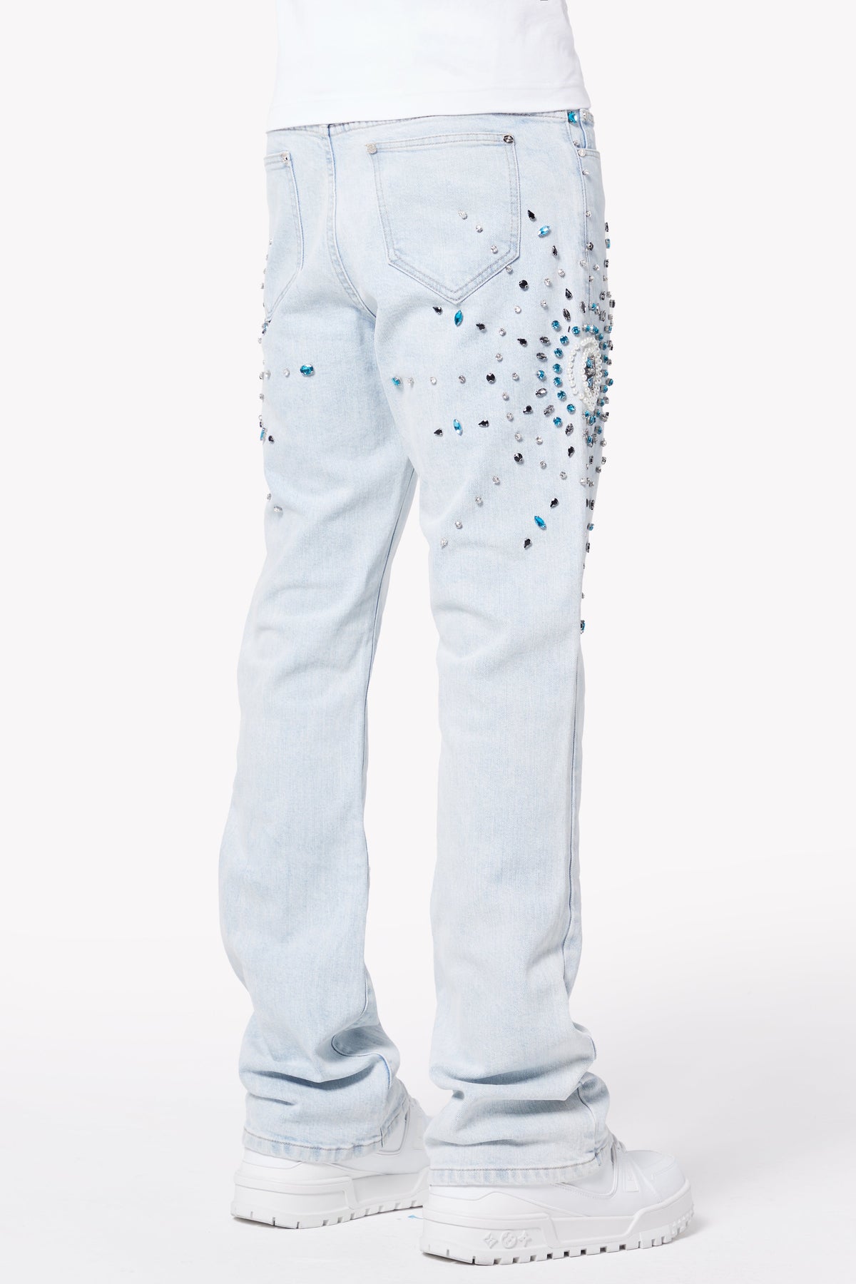 Aqua Blue Embellished Flared Denim