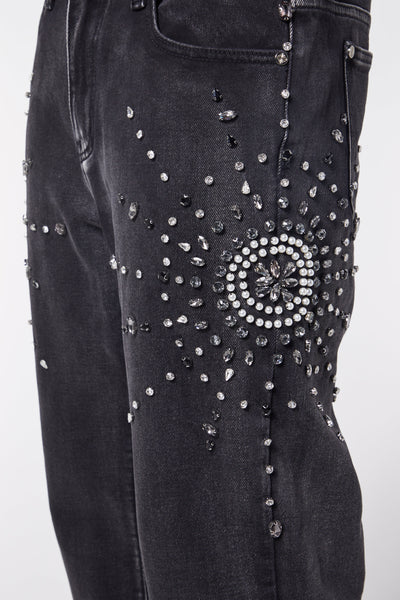 Iron Grey Embellished Flared Denim