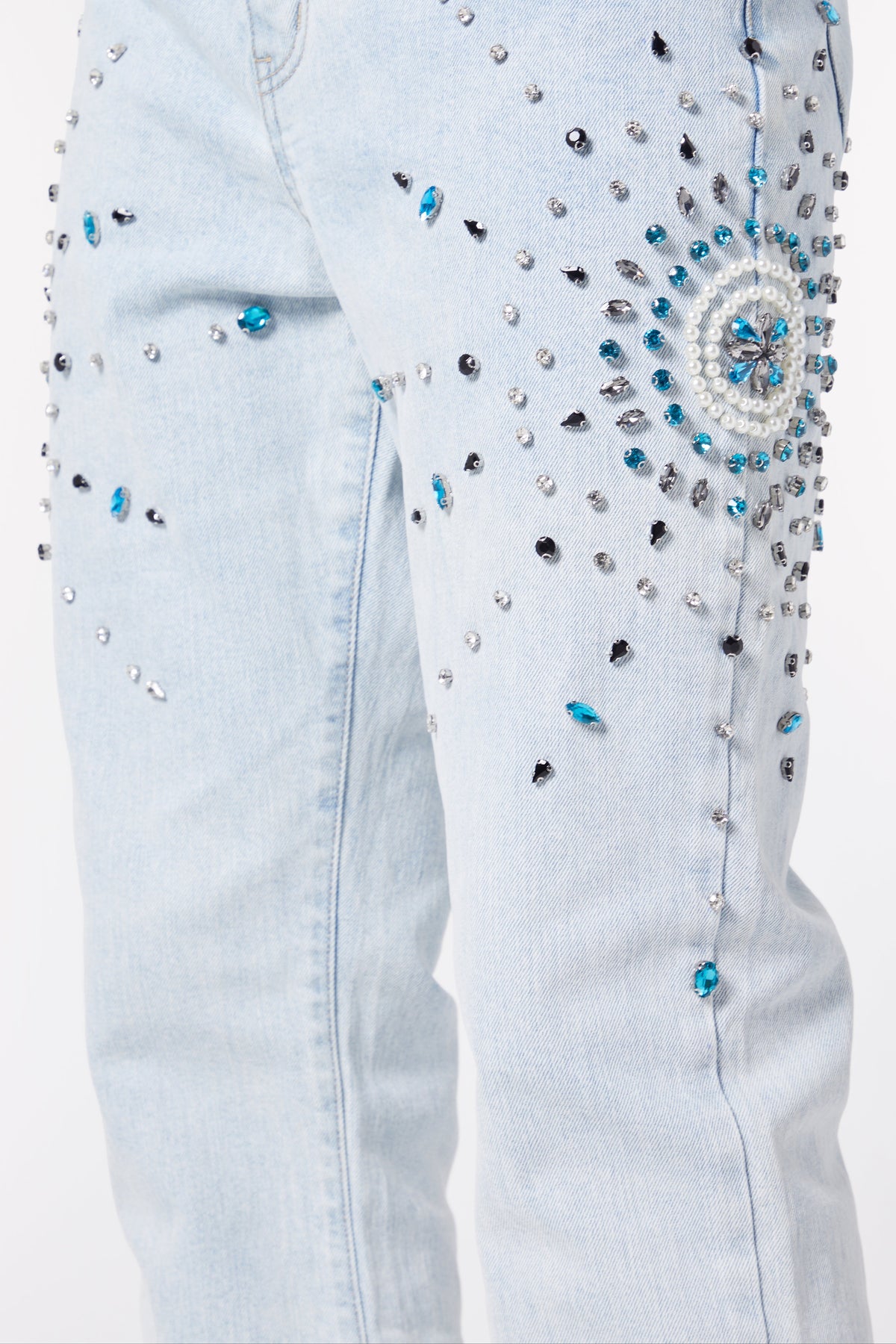 Aqua Blue Embellished Flared Denim